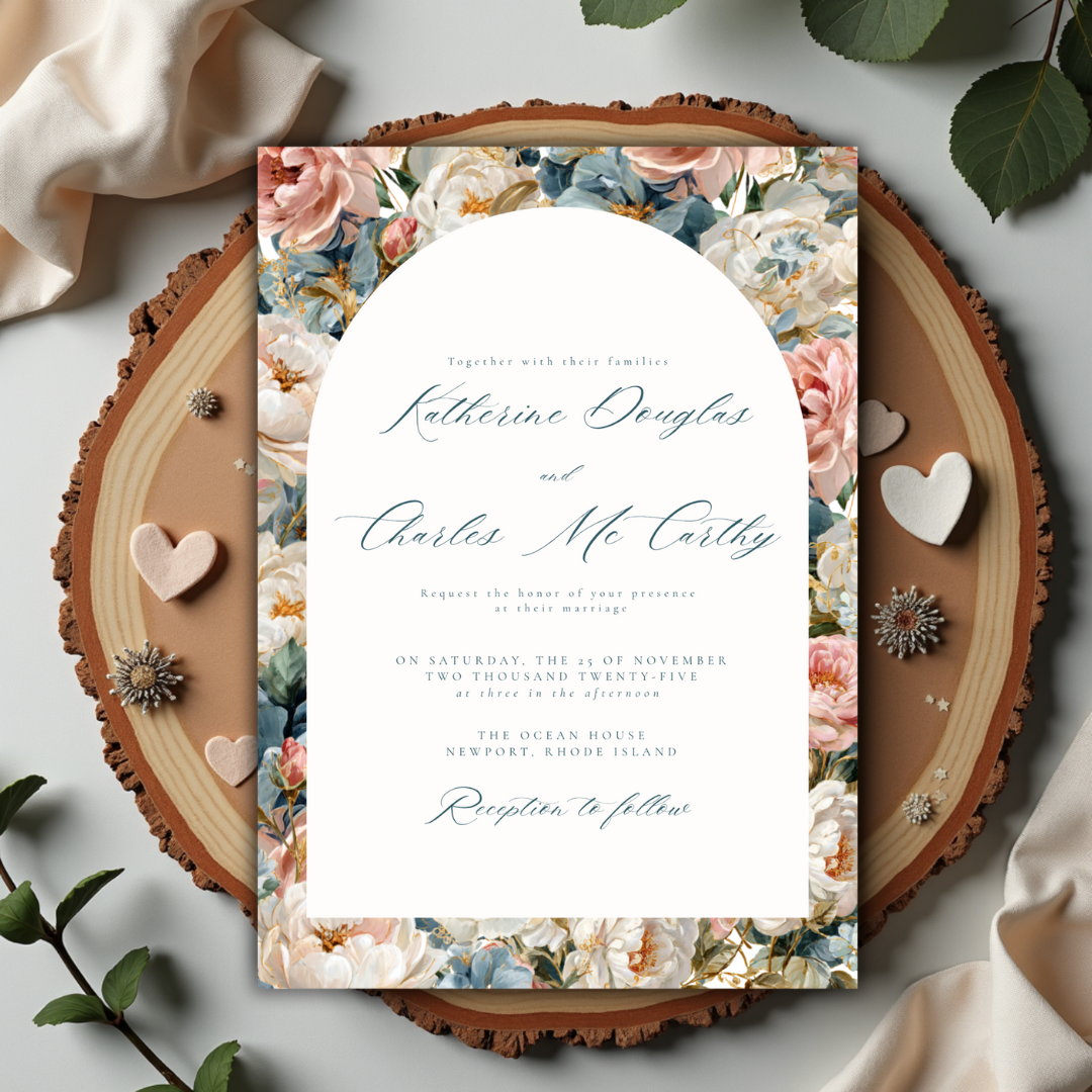 Rococo Flowers Wedding Invitation Template | Editable Canva Invite | Classic Arch Design | Blue & Pink Flowers | Gold Details | DIY Brides