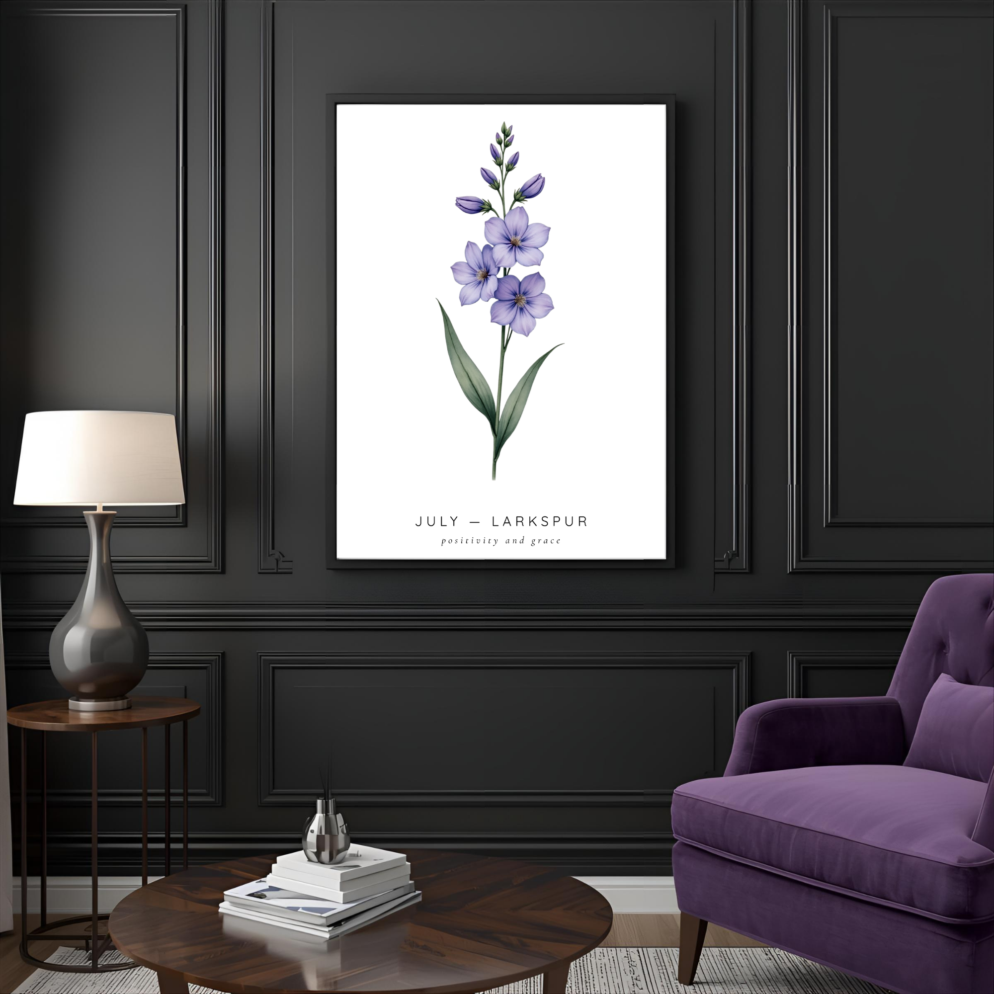 July Birth Flower Wall Art – Larkspur Print (Positivity & Grace)