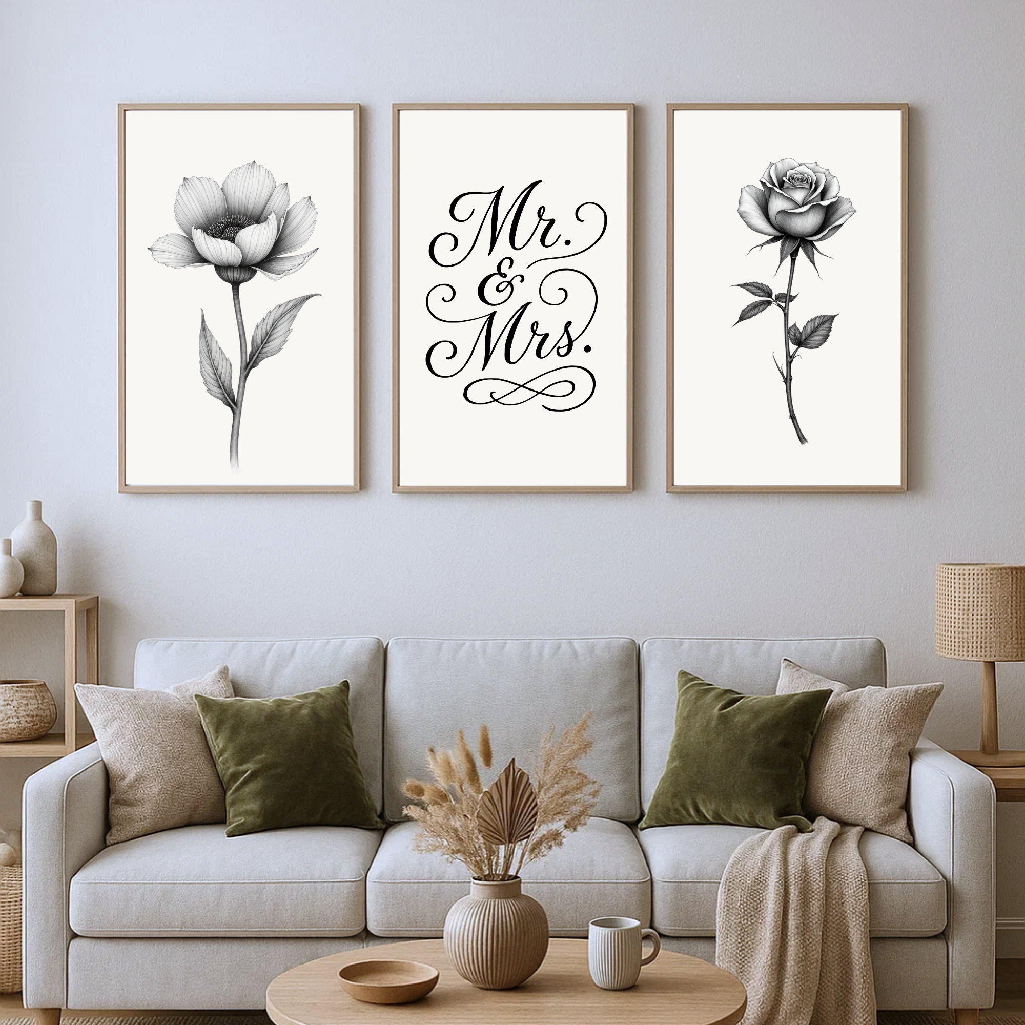 Botanical Mr. & Mrs. Fine Art Wall Print Set of 3