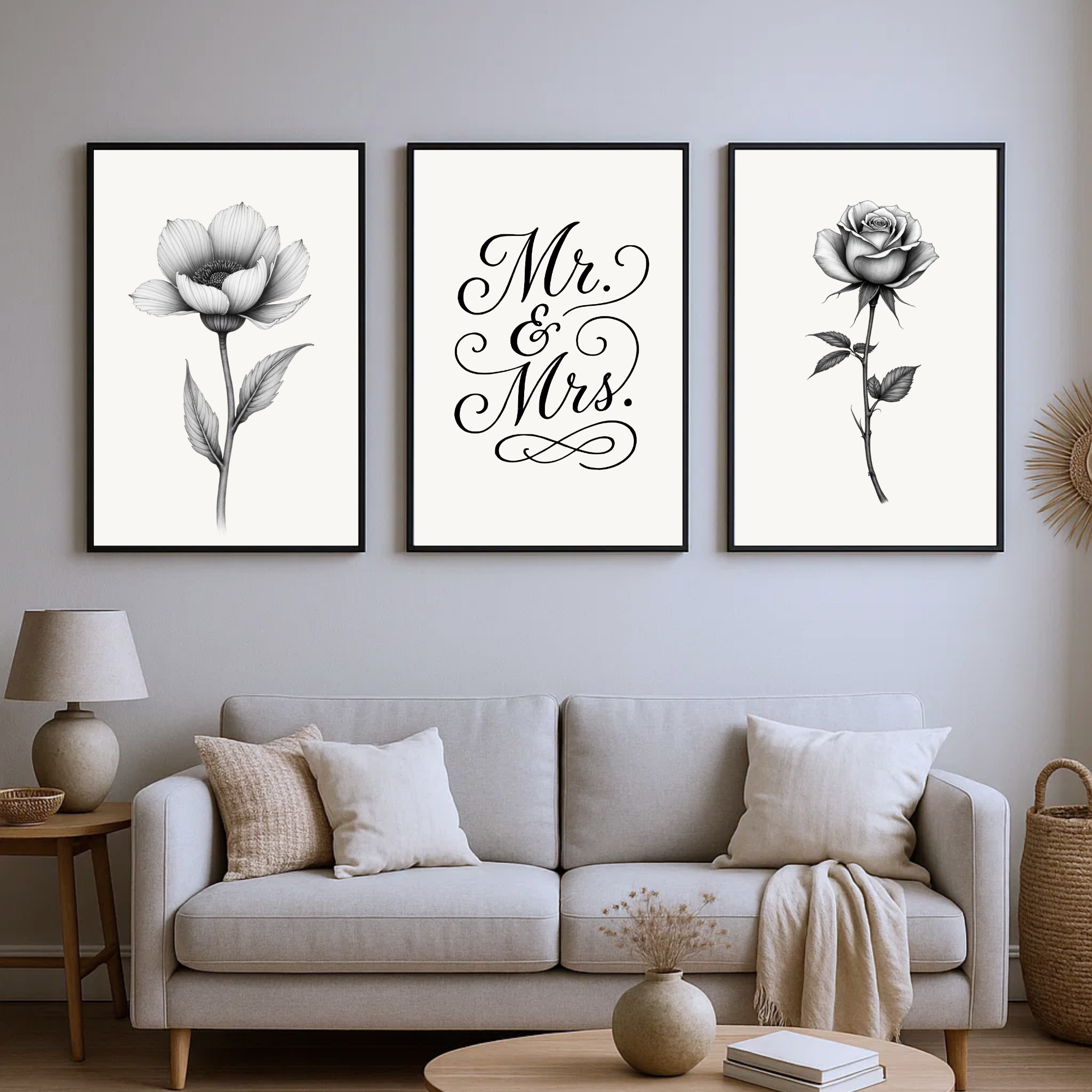 Botanical Mr. & Mrs. Fine Art Wall Print Set of 3