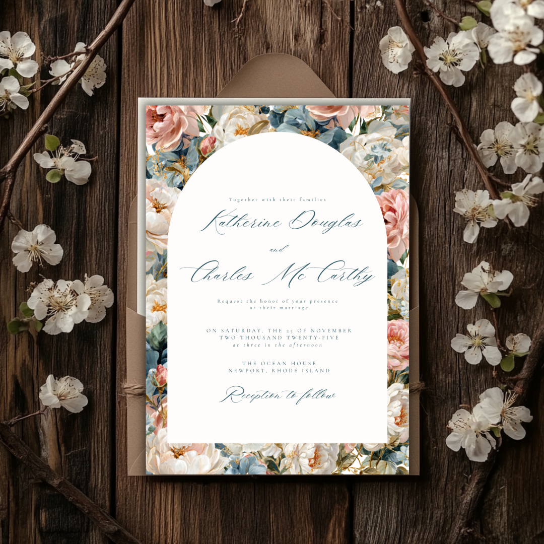 Rococo Flowers Wedding Invitation Template | Editable Canva Invite | Classic Arch Design | Blue & Pink Flowers | Gold Details | DIY Brides