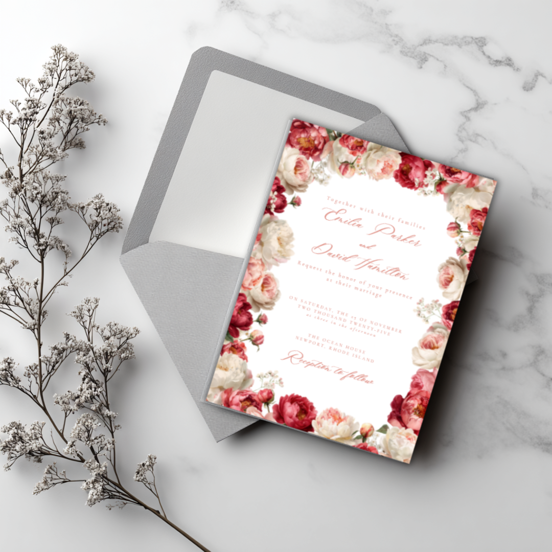 Romantic floral wedding invitation flat lay