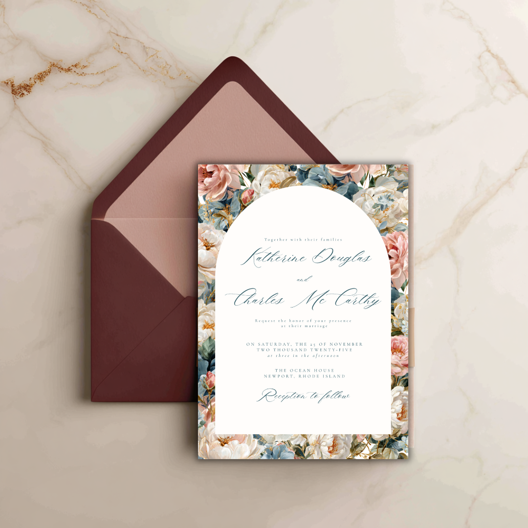Rococo Flowers Wedding Invitation Template | Editable Canva Invite | Classic Arch Design | Blue & Pink Flowers | Gold Details | DIY Brides