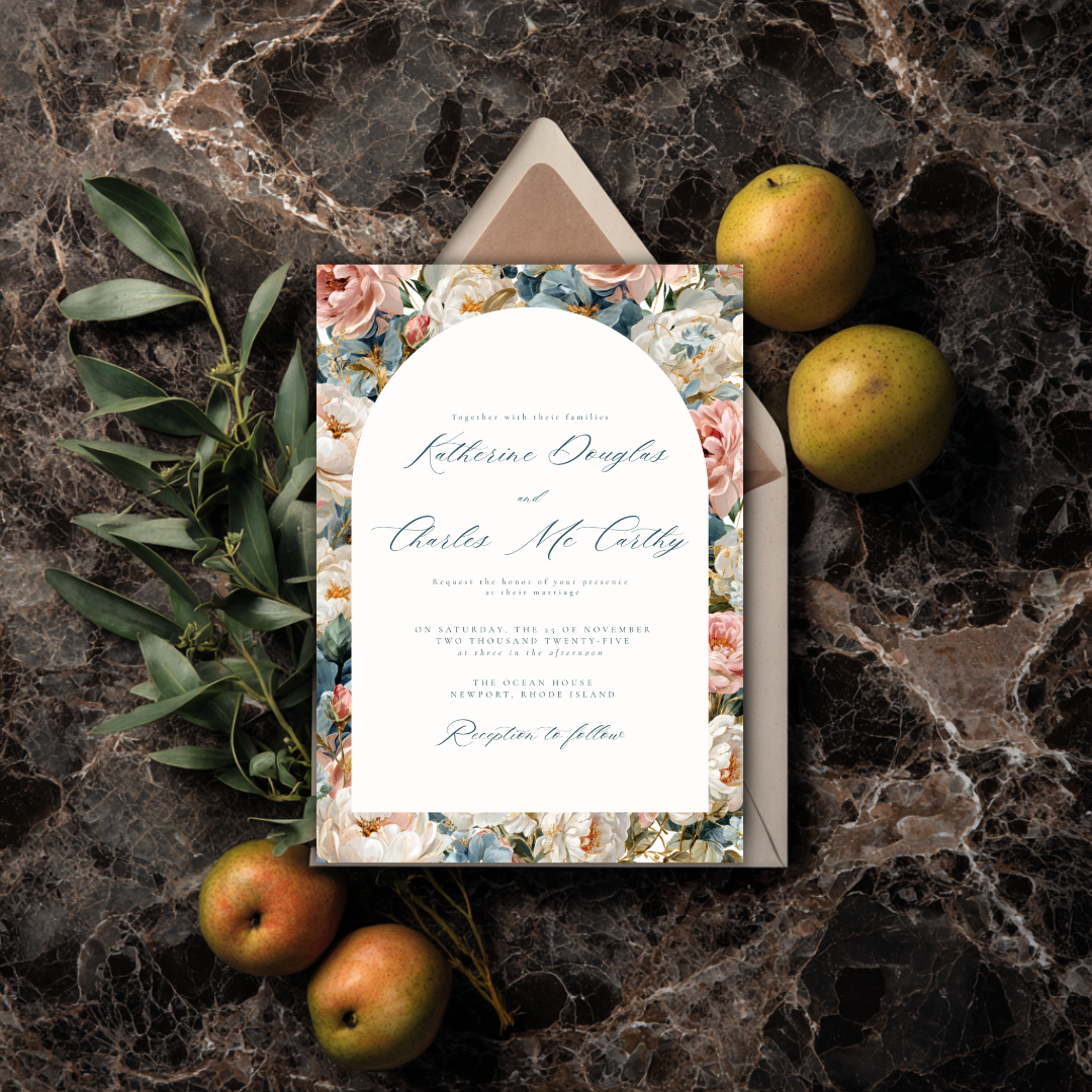 Rococo Flowers Wedding Invitation Template | Editable Canva Invite | Classic Arch Design | Blue & Pink Flowers | Gold Details | DIY Brides