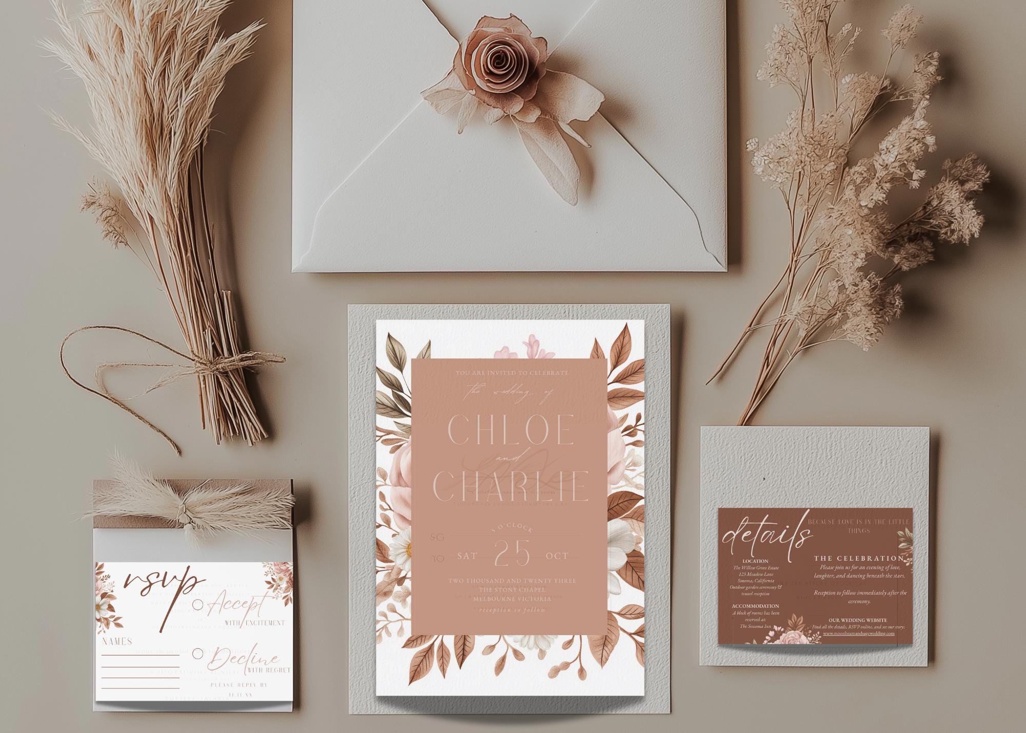 Boho Floral Wedding Invitation Template: Pink & Neutral (Editable Canva, Instant Download)