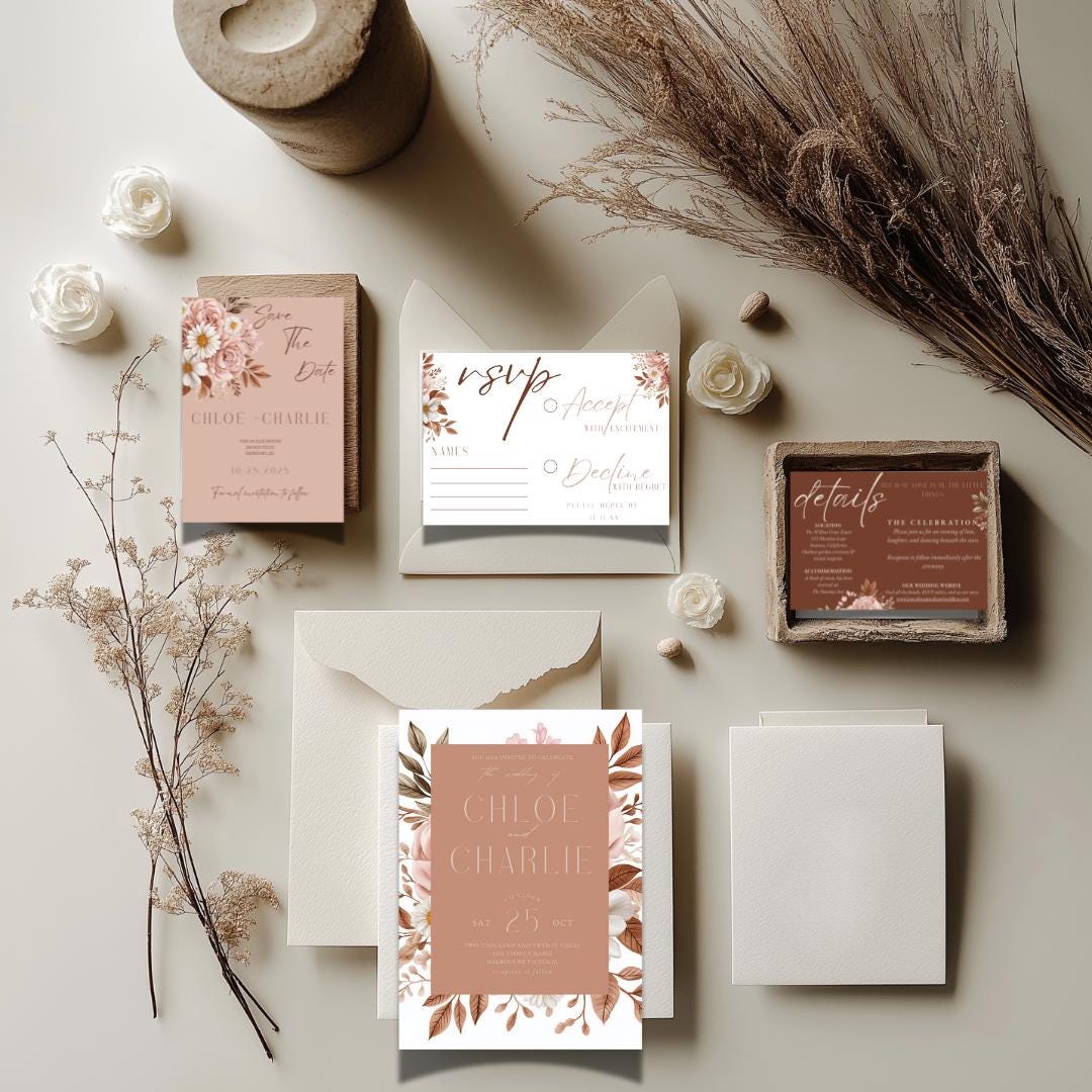 Boho Wedding Invitation Template: Pink Floral Canva Suite (Instant Download)