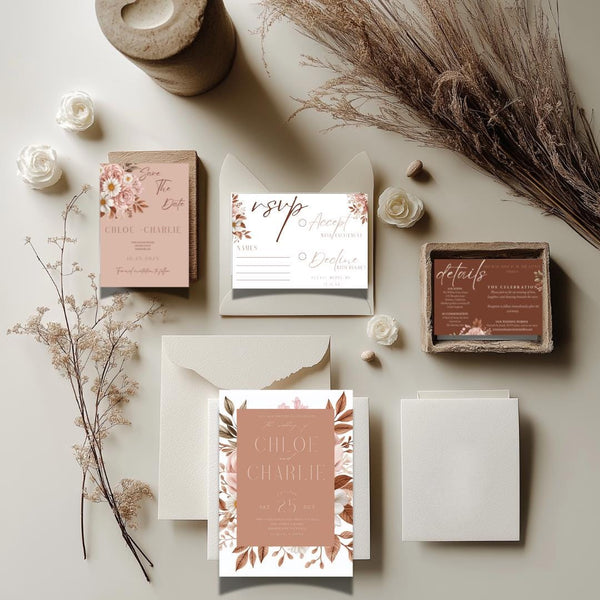 Boho Wedding Invitation Template: Pink Floral Canva Suite (Instant Download)