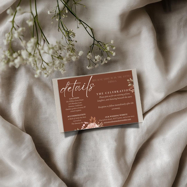 Boho Wedding Details Card Template: Pink Floral (Editable Canva, Instant Download)
