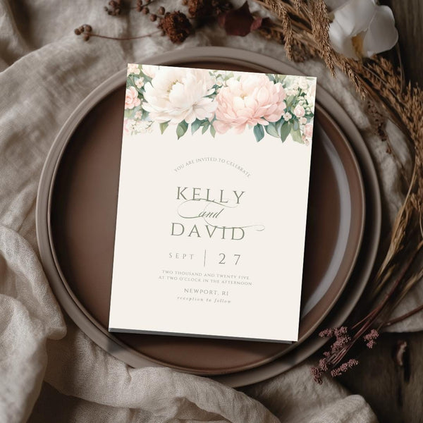Boho Floral Wedding Invitation Template: Soft Pink, Editable Canva (Digital Download)