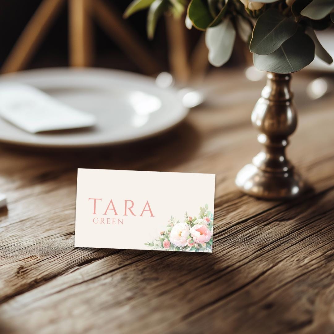 Pink and Green Flower Wedding Place Card Template - Pink Floral, Editable in Canva (Instant Download)