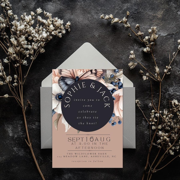Dark Floral Wedding Invitation: Moody Butterfly Design (Editable Canva Template)