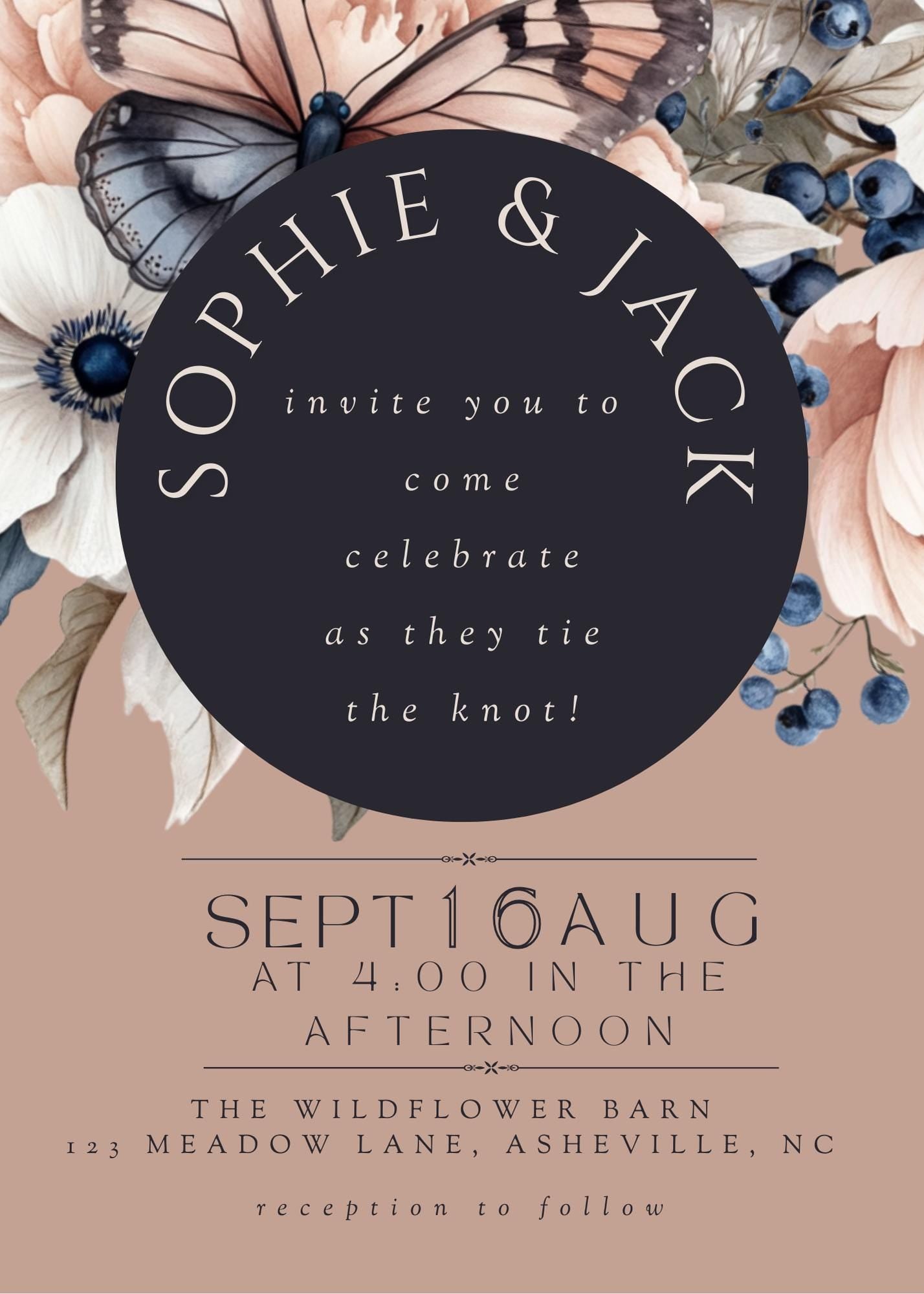 Dark Floral Wedding Invitation: Moody Butterfly Design (Editable Canva Template)