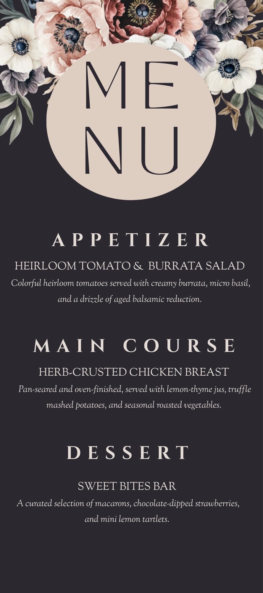 Dark Floral Wedding Menu Template: Moody Boho Design (Editable Download)
