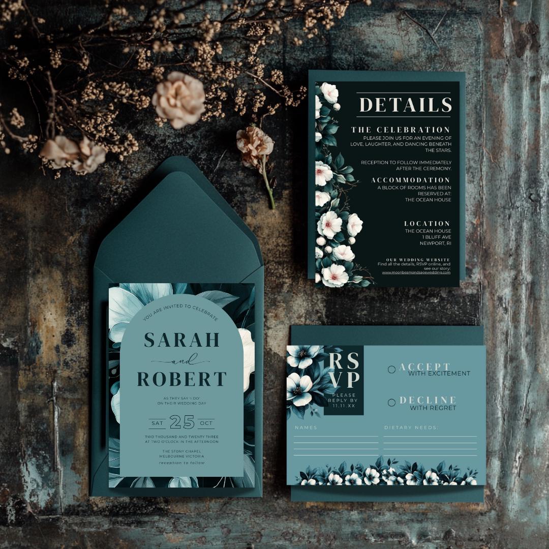 Teal Floral Wedding Invitation Suite: Moody Botanical Canva Template