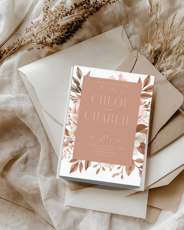 Boho Floral Wedding Invitation Template: Pink & Neutral (Editable Canva, Instant Download)