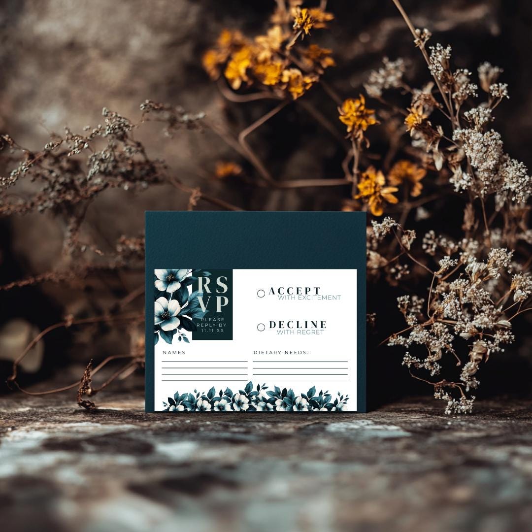 Teal Floral Wedding Invitation Suite: Moody Botanical Canva Template