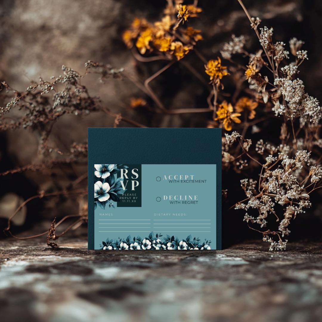 Teal Floral Wedding Invitation Suite: Moody Botanical Canva Template