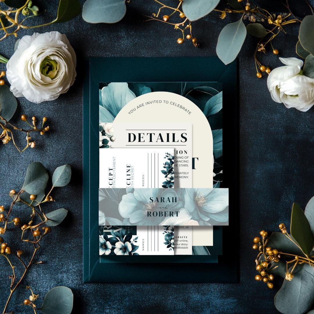 Teal Floral Wedding Invitation Suite: Moody Botanical Canva Template