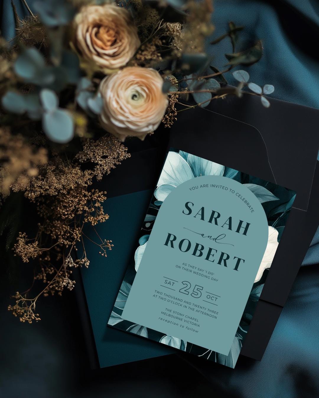 Modern Teal Wedding Invitation Template: Botanical Arch (Digital Download)