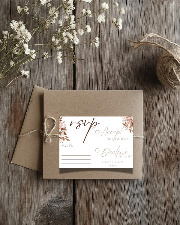 Boho Floral Wedding RSVP Card Template: Pink & Neutral (Editable Canva, Instant Download)