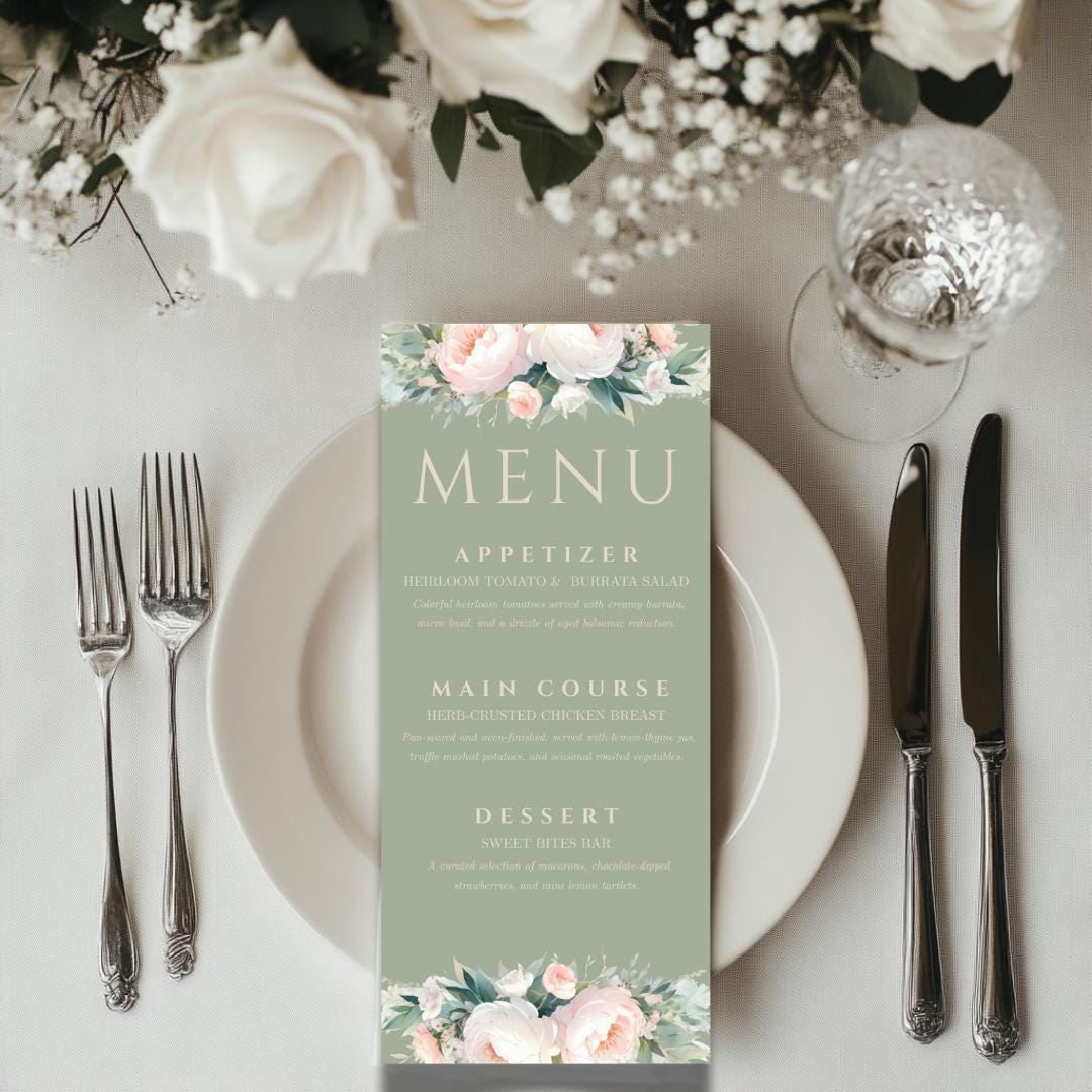 Pink and Green Flowers Wedding Menu Template - Sage Green Floral, Canva Template, Instant Download, DIY Bride