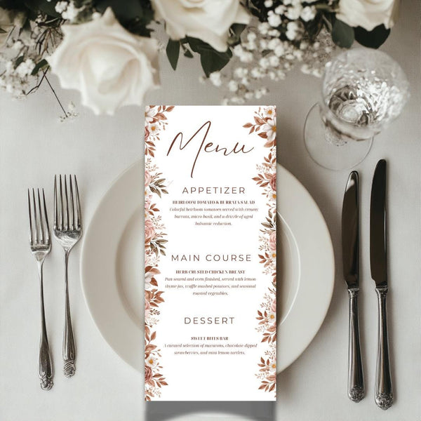 Floral Wedding Menu Template: Pink & Neutral, Editable in Canva (Instant Download)