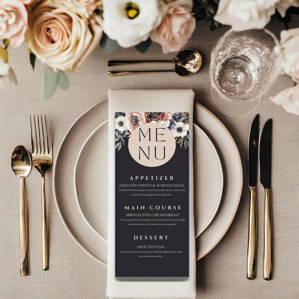 Dark Floral Wedding Menu Template: Moody Boho Design (Editable Download)