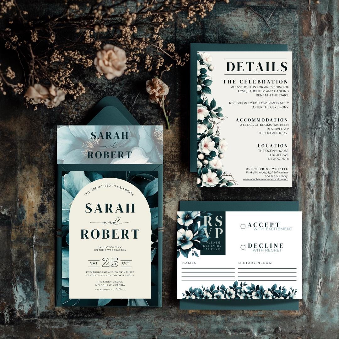 Teal Floral Wedding Invitation Suite: Moody Botanical Canva Template