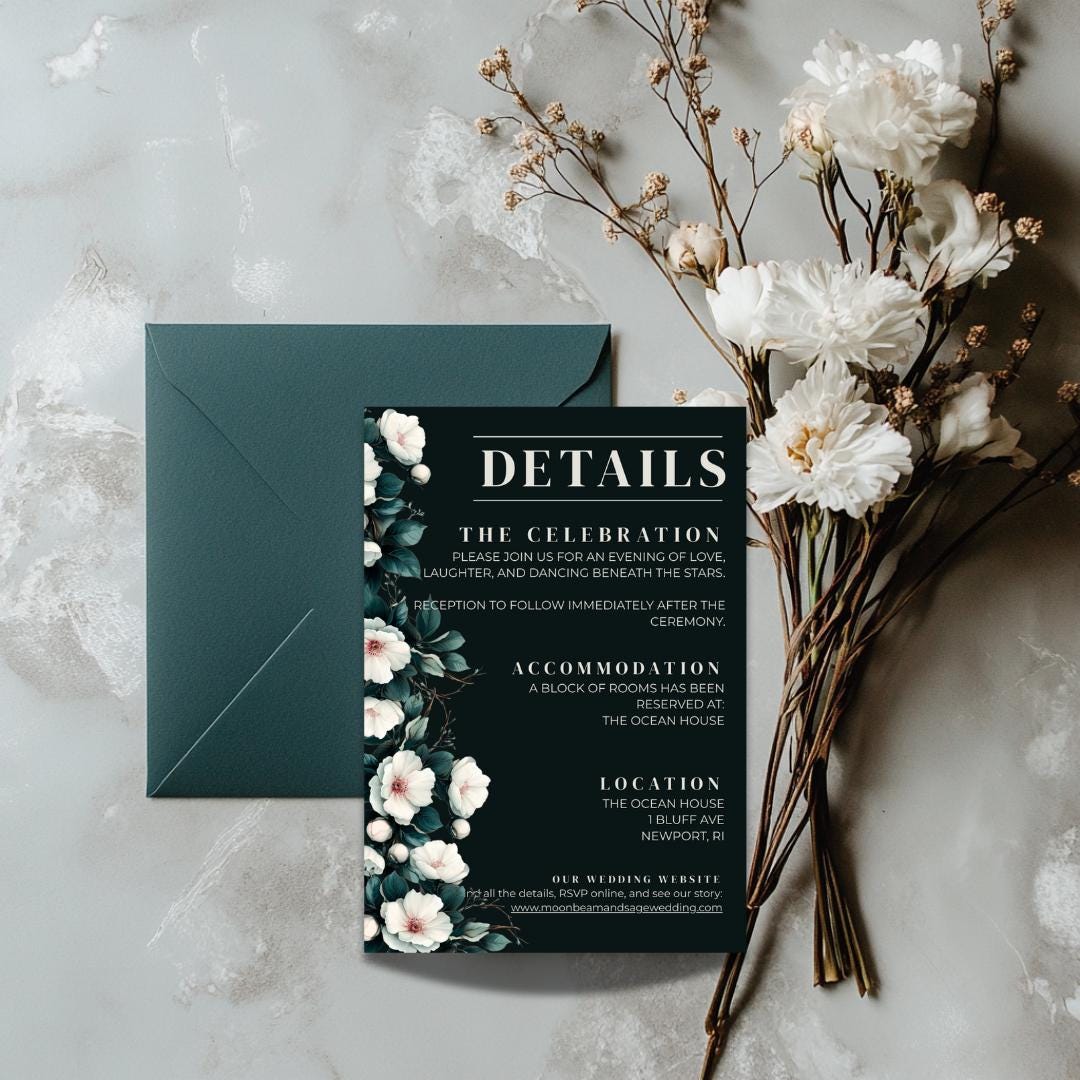 Teal Floral Wedding Invitation Suite: Moody Botanical Canva Template