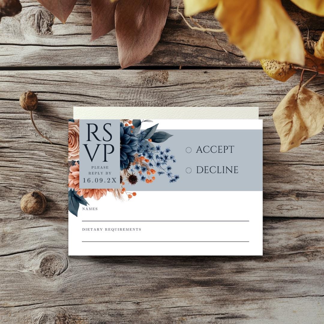Rustic Fall Wedding Invitation Set: Navy & Burnt Orange Floral (Canva Template)