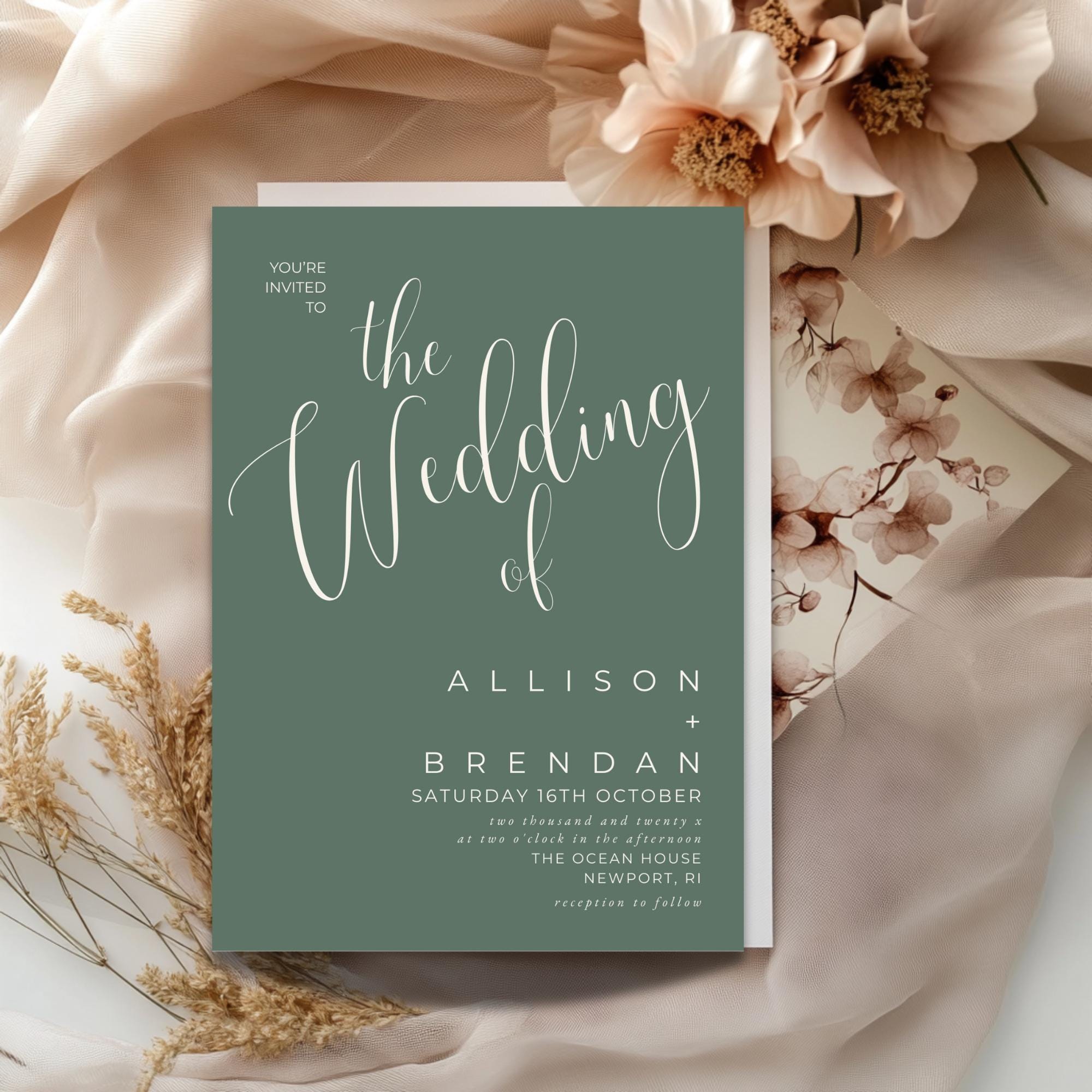 Modern Wedding Invitation Template - Sage Green - Editable & Printable - Elegant Script Design - DIY Wedding