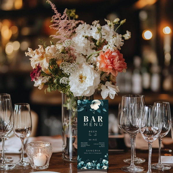 Teal Floral Wedding Bar Menu Template: Elegant Printable (Instant Download)