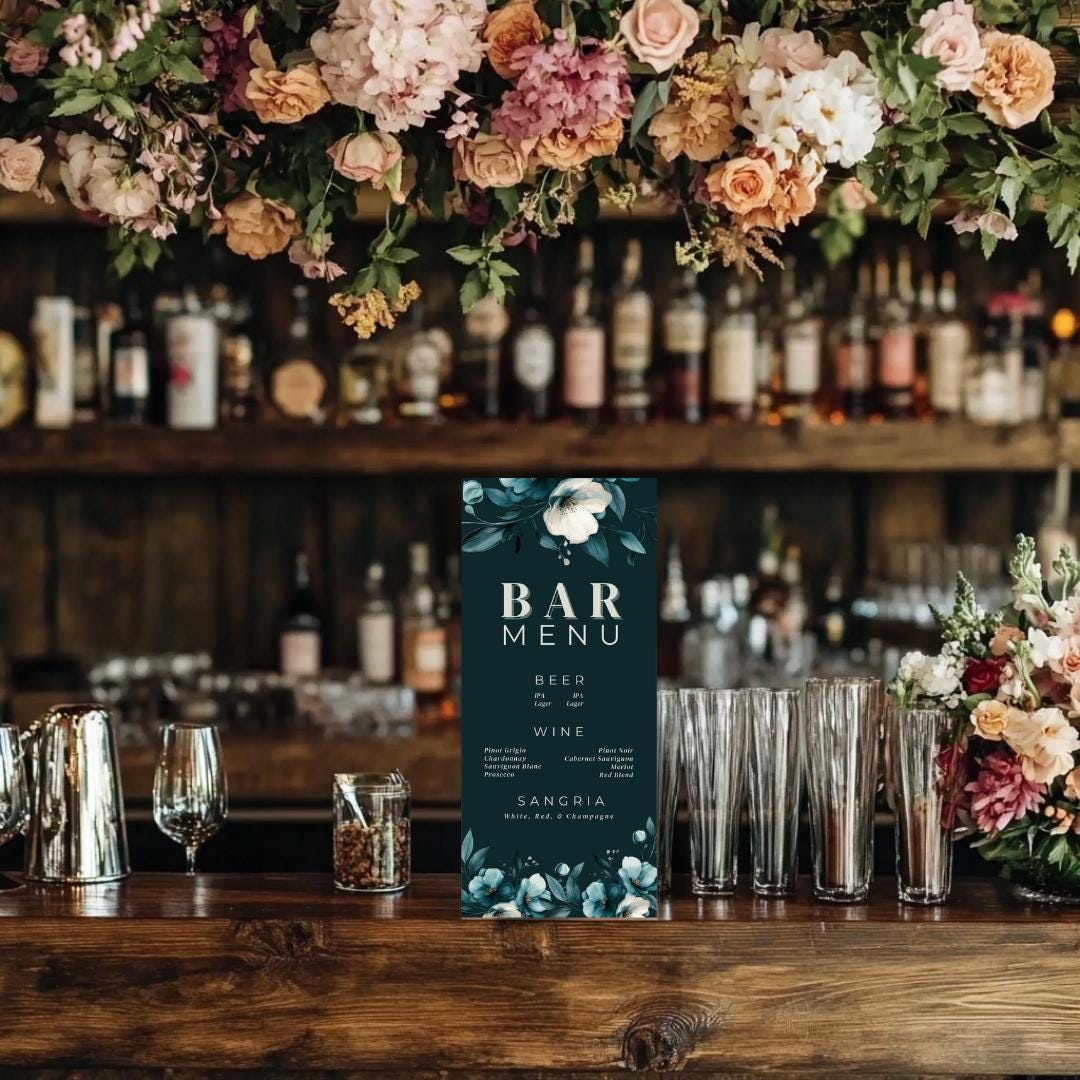 Teal Floral Wedding Bar Menu Template: Elegant Printable (Instant Download)