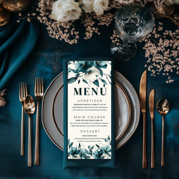 Teal Floral Wedding Menu Template: Elegant Printable (Instant Download)
