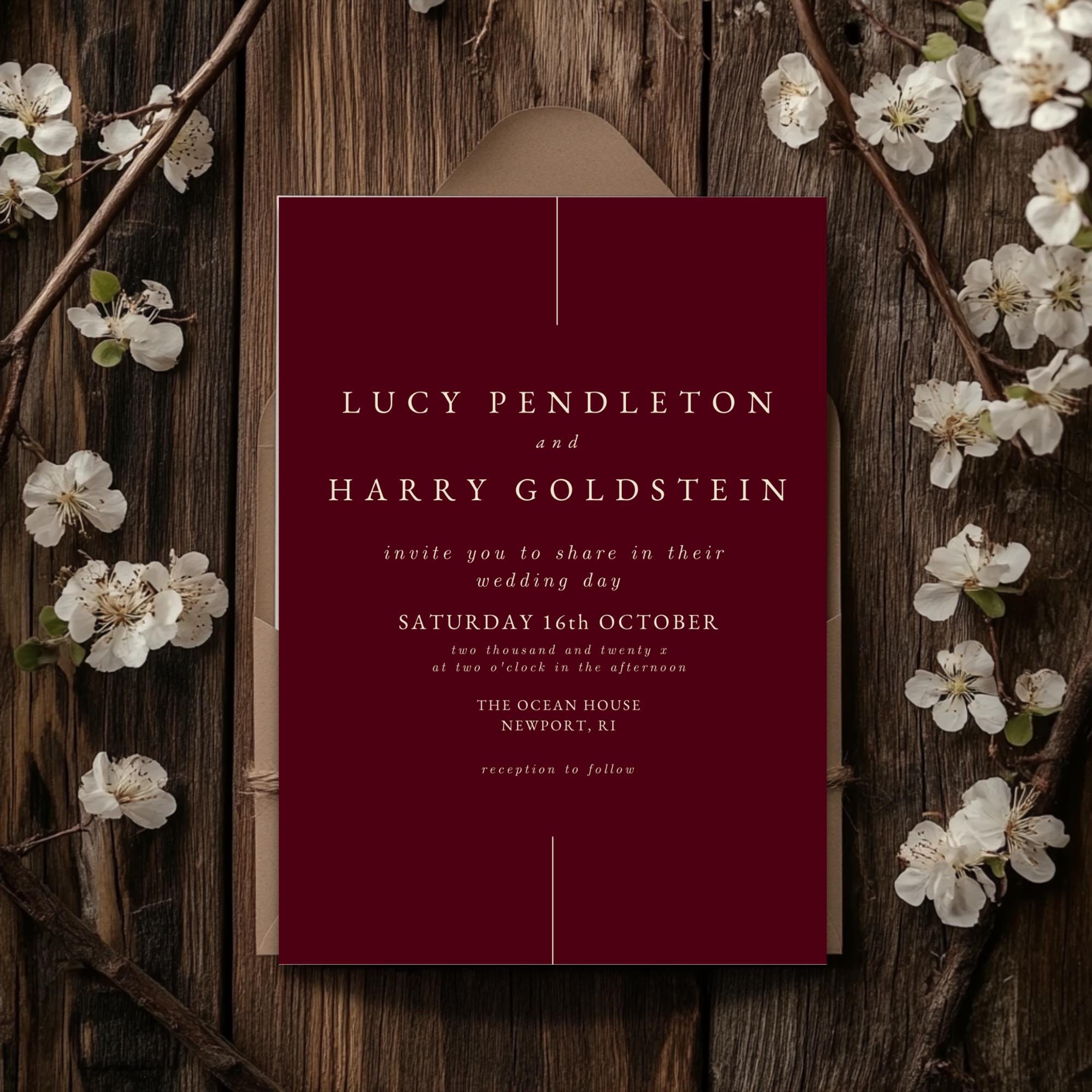 Burgundy Wedding Invitation Template: Elegant Serif Font (Editable Canva Template)