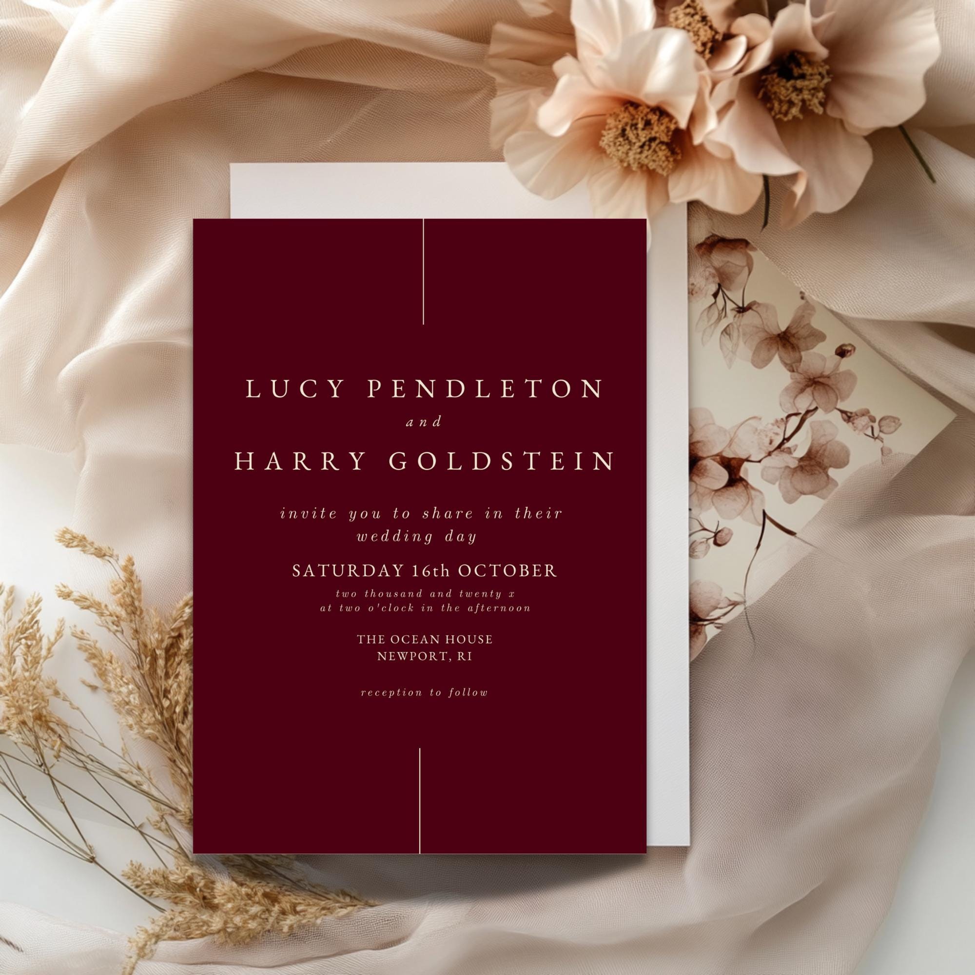 Burgundy Wedding Invitation Template: Elegant Serif Font (Editable Canva Template)