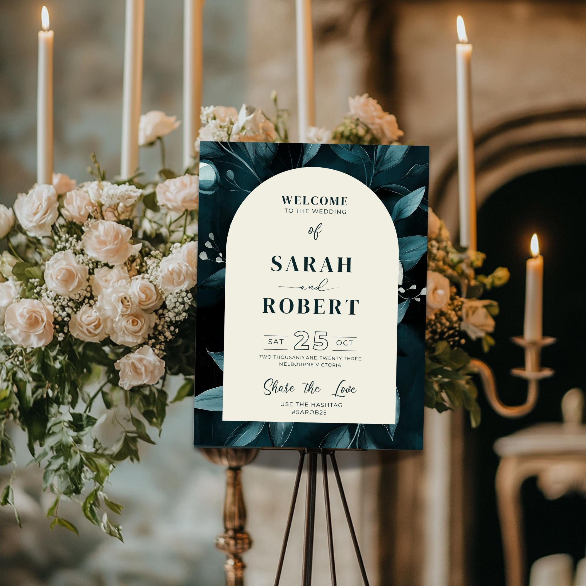 Dark Teal Wedding Welcome Sign: Botanical Arch Design (Digital Download 18x24")
