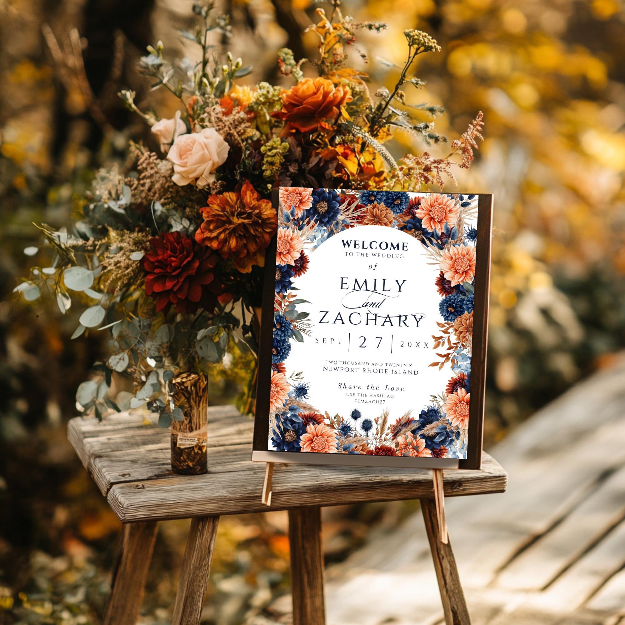 Fall Wedding Welcome Sign: Navy, Rust & Orange Floral Arch (Digital Download, 18x24")