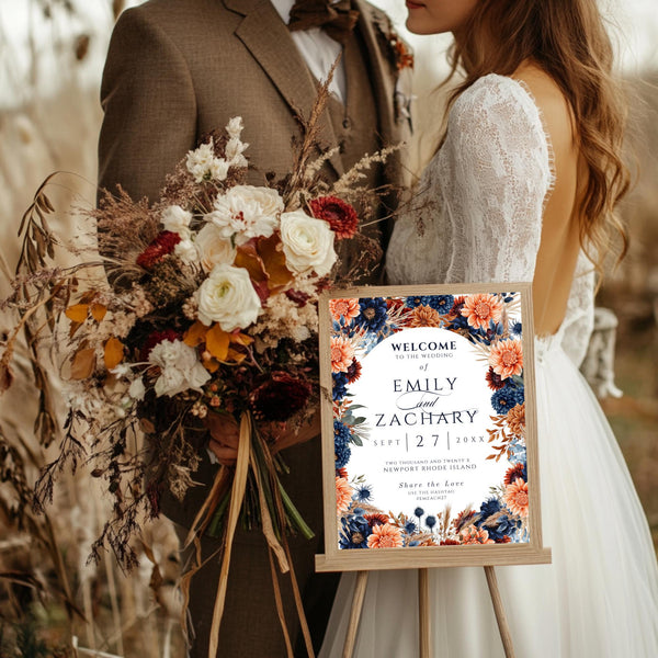 Fall Wedding Welcome Sign: Navy, Rust & Orange Floral Arch (Digital Download, 18x24")