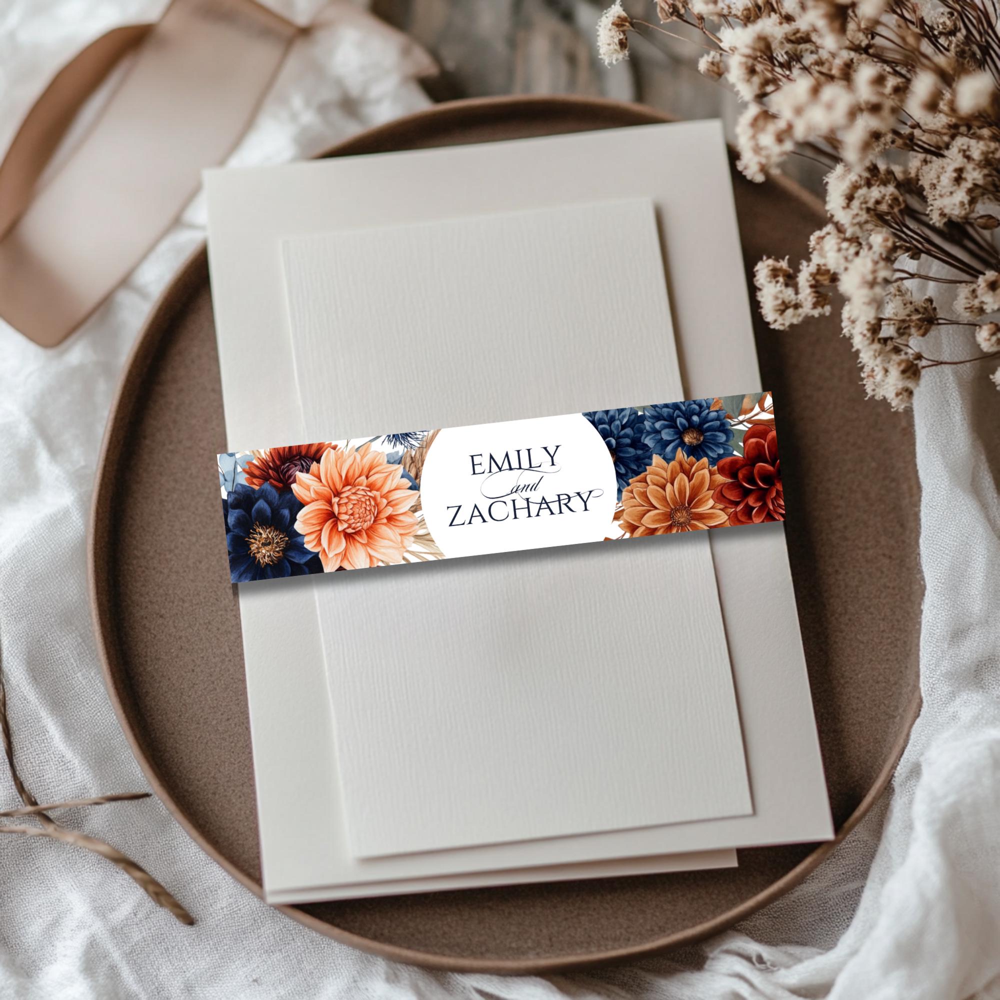 Burnt Orange & Navy Floral Wedding Invitation Belly Band (Editable Template, Printable Wrap Band)