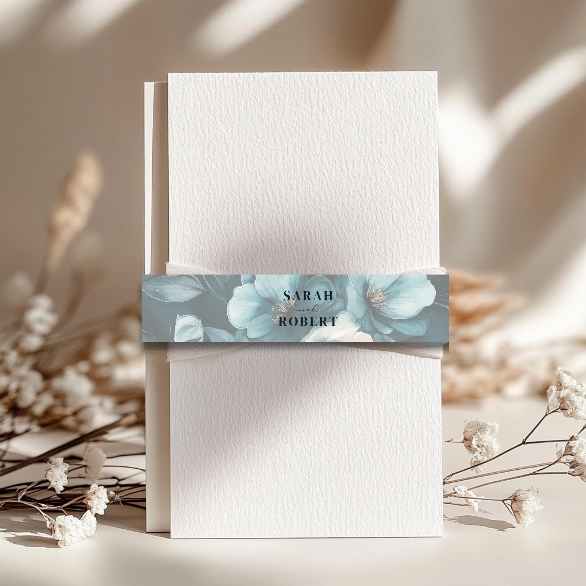 Moody Teal Floral Wedding Belly Band: Elegant Invitation Wrap (Printable Template, Digital Download)