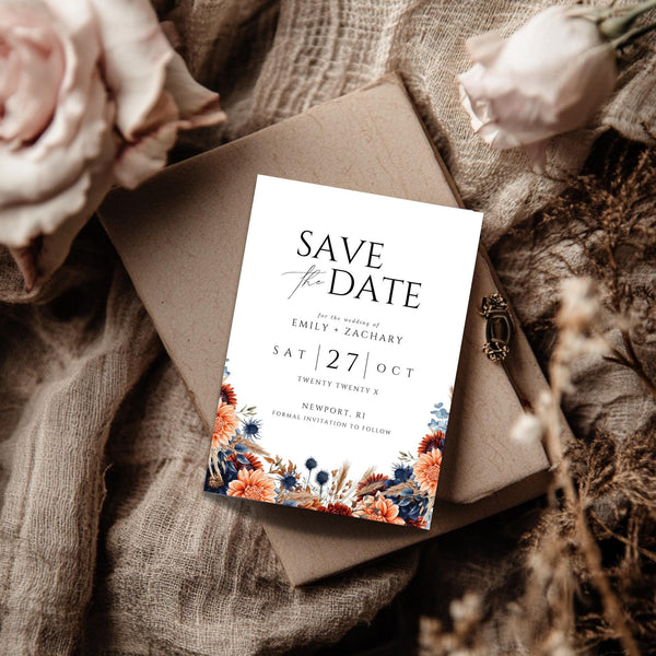 Fall Floral Save the Date Template: Boho Rust & Navy (Instant Download)