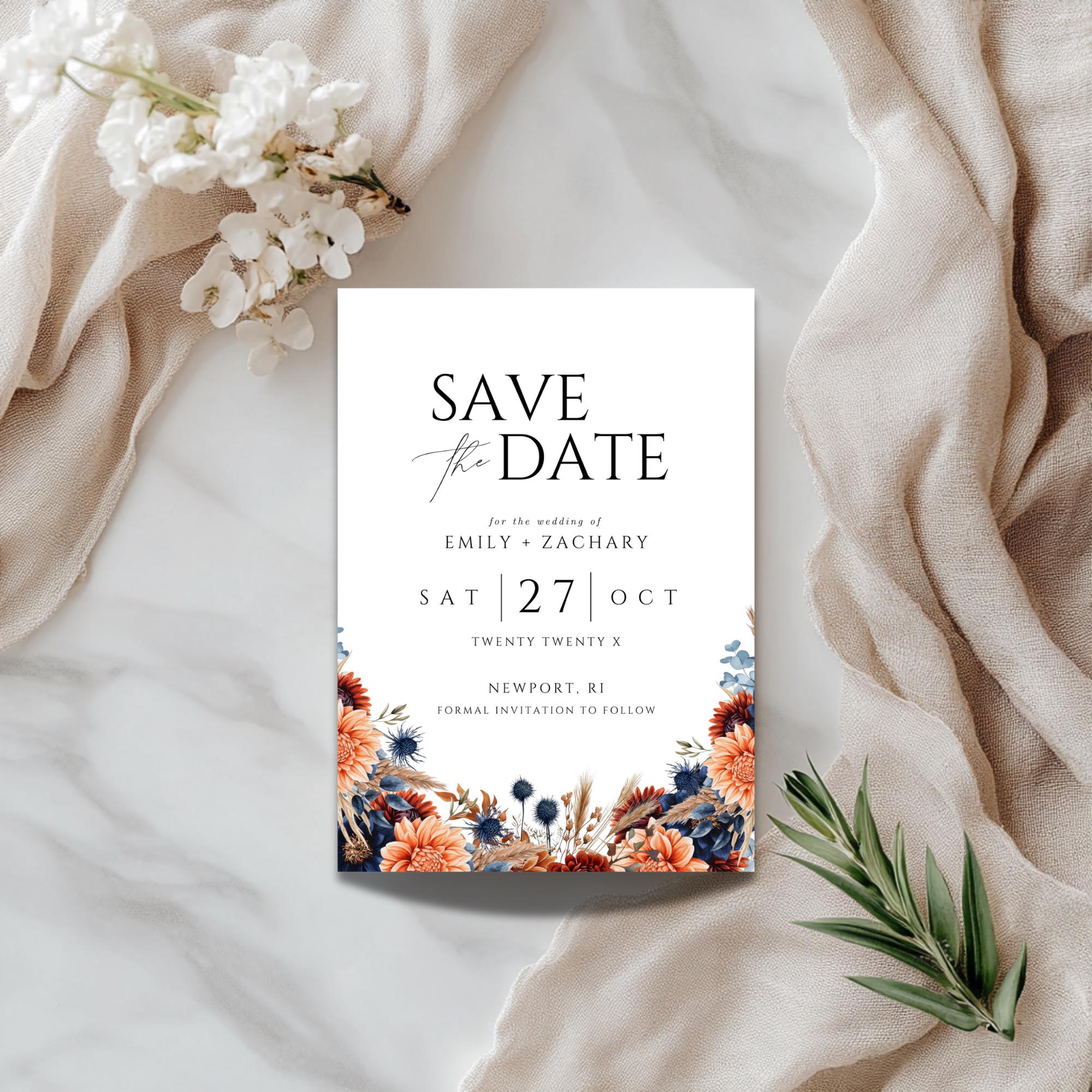 Fall Floral Save the Date Template: Boho Rust & Navy (Instant Download)