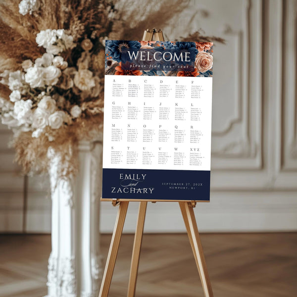 Fall Flowers Navy and Orange Wedding Seating Chart Template - Alphabetical Guest List (Canva Editable, 24x36") - DIY Bride