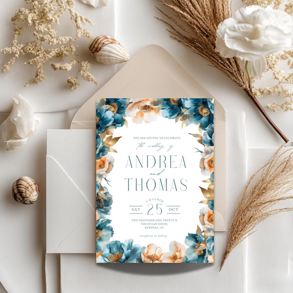 Teal and Peach Floral Wedding Invitation Template: Editable Canva Design (Instant Download)