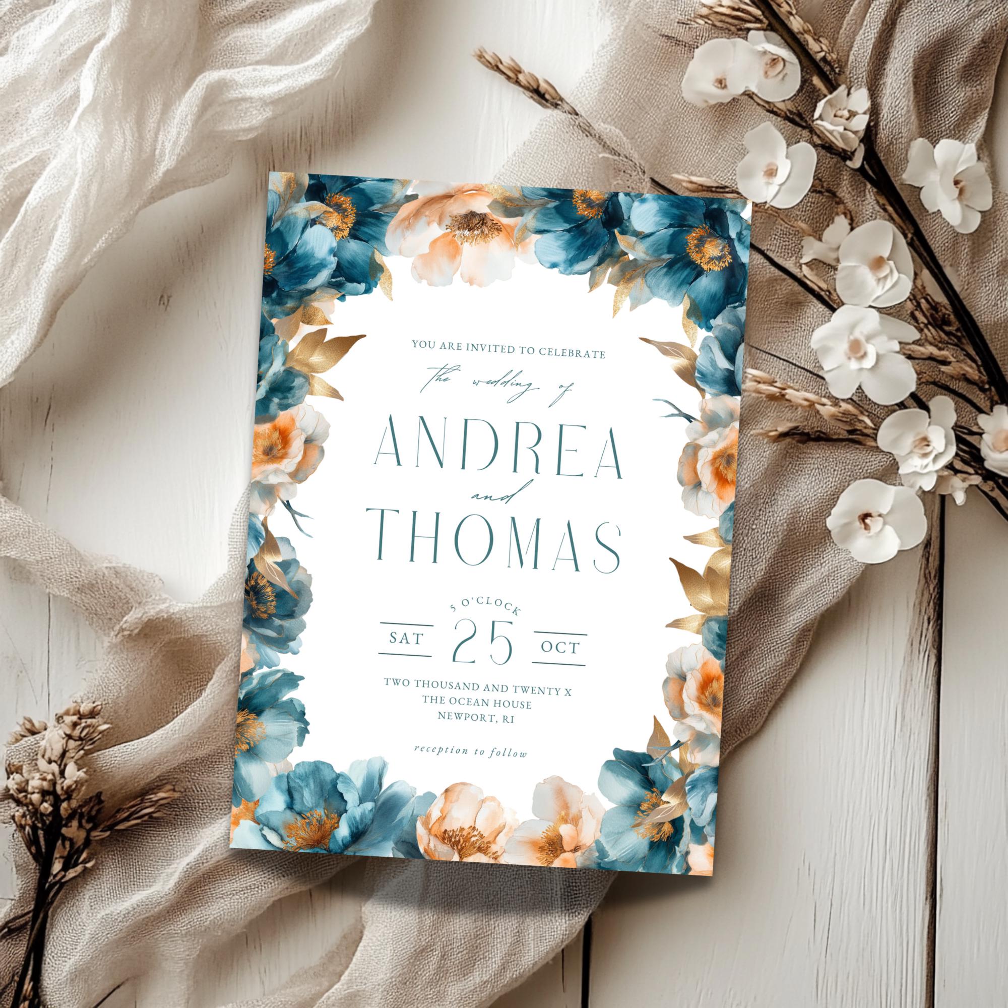 Teal and Peach Floral Wedding Invitation Template: Editable Canva Design (Instant Download)