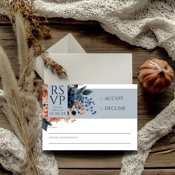 Fall Flowers Wedding RSVP Card Template - Dusty Blue & Terracotta (Instant Download) - Canva Template - DIY Fall Wedding