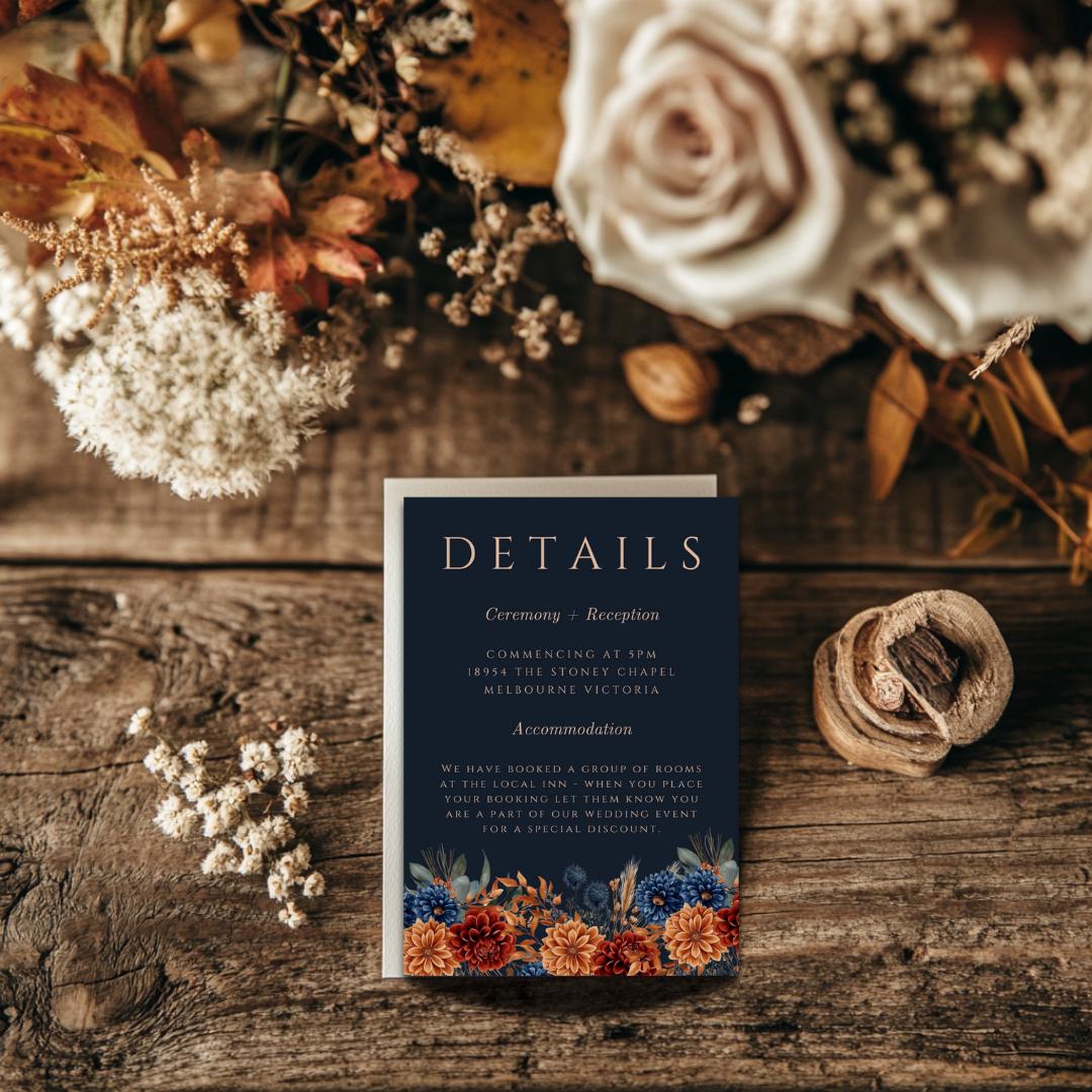 Rustic Fall Wedding Invitation Set: Navy & Burnt Orange Floral (Canva Template)