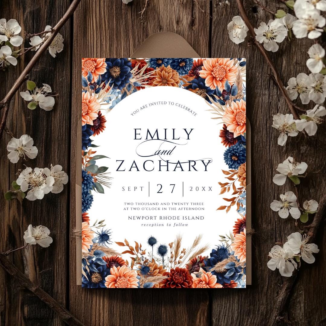 Rustic Fall Wedding Invitation Set: Navy & Burnt Orange Floral (Canva Template)