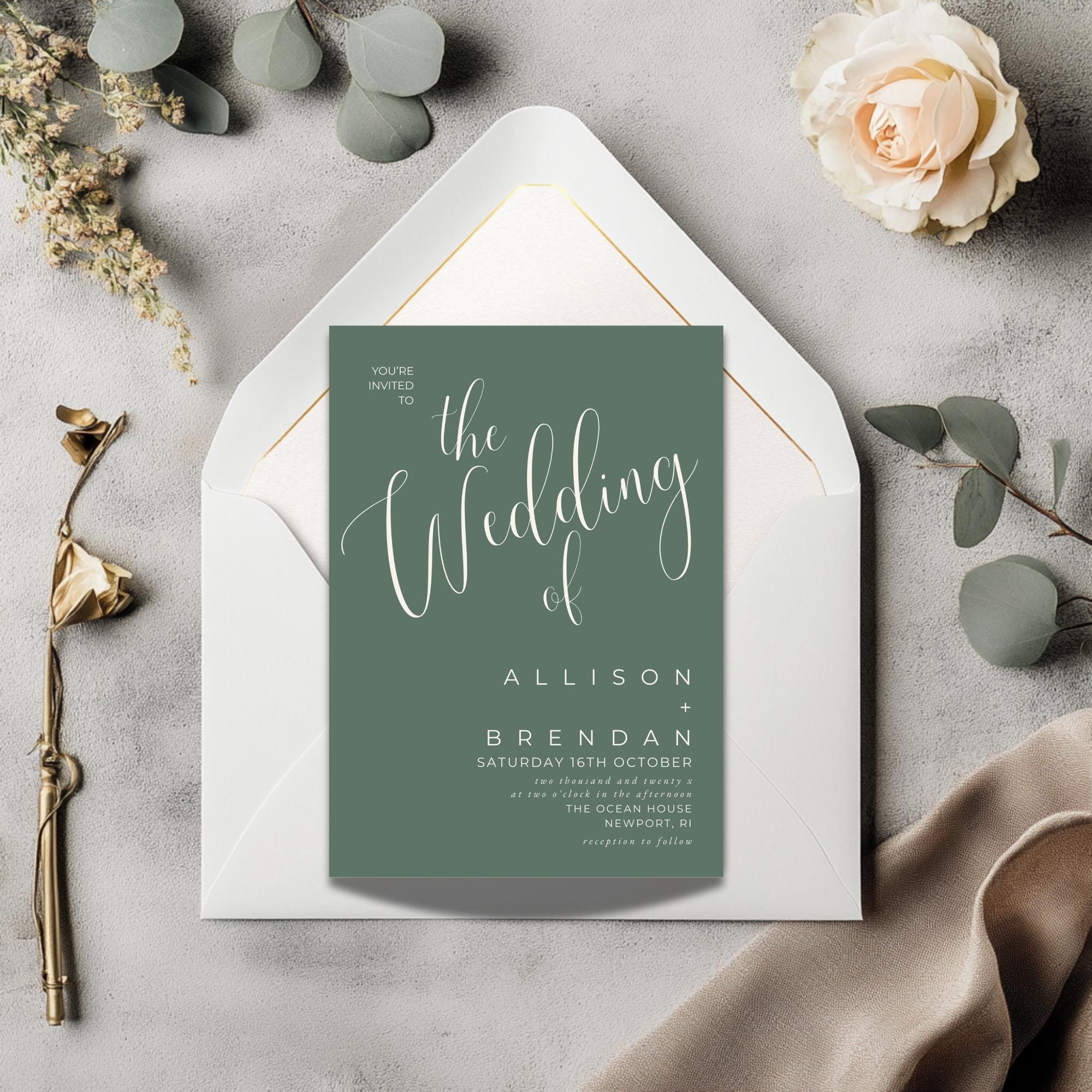Modern Wedding Invitation Template - Sage Green - Editable & Printable - Elegant Script Design - DIY Wedding